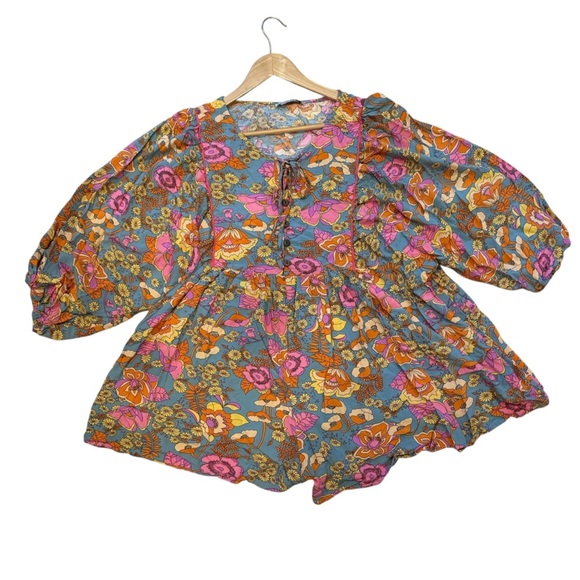 Rusttydustty Women’s 1X Floral Boho Romper Peasant Sleeve Cottagecore Chic - Picture 2 of 15